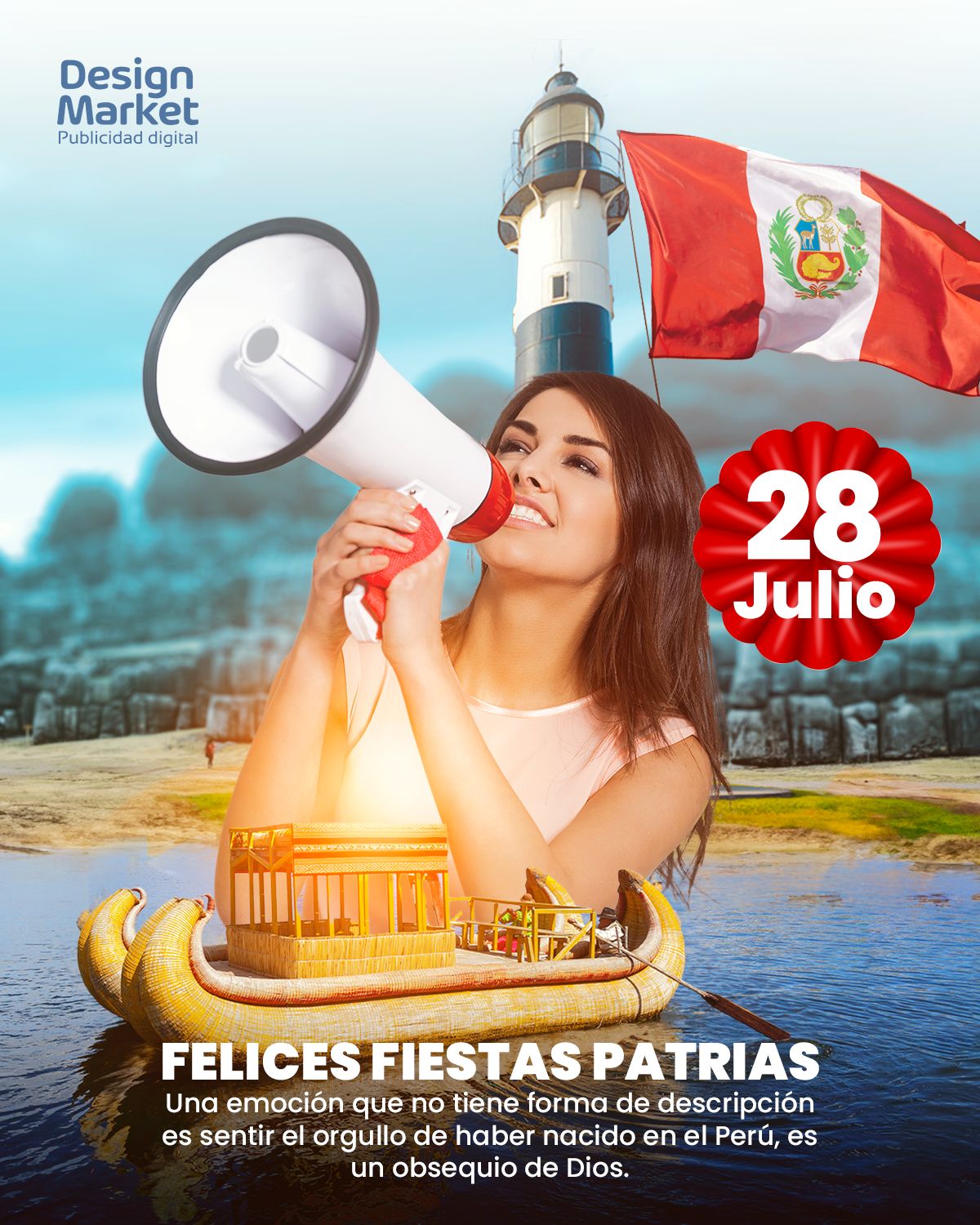 Plantilla Fiestas patrias Perú PSD - Mujer con megafono - Design Market Perú