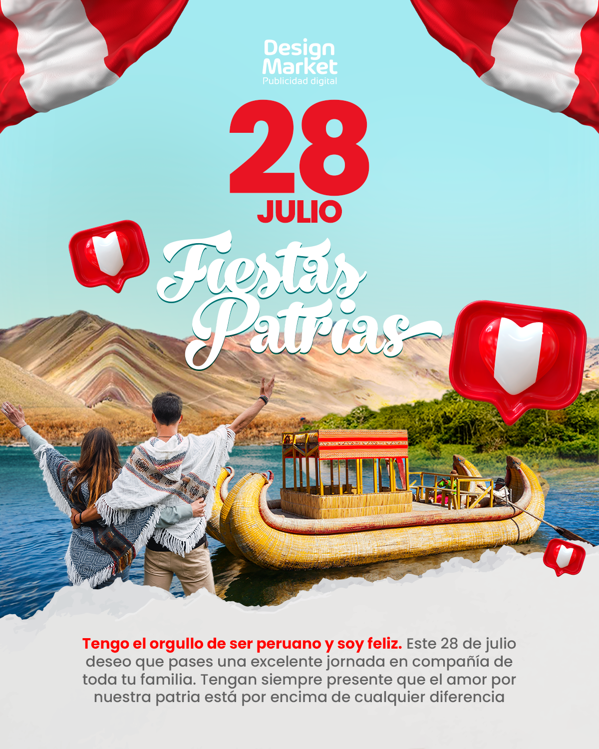 Plantilla Fiestas patrias Perú PSD - Jovenes, lago y montaña - Design Market Perú