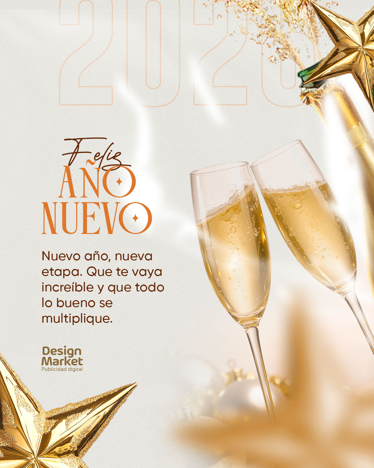 Saludo Año nuevo 2026 champagne estrellas