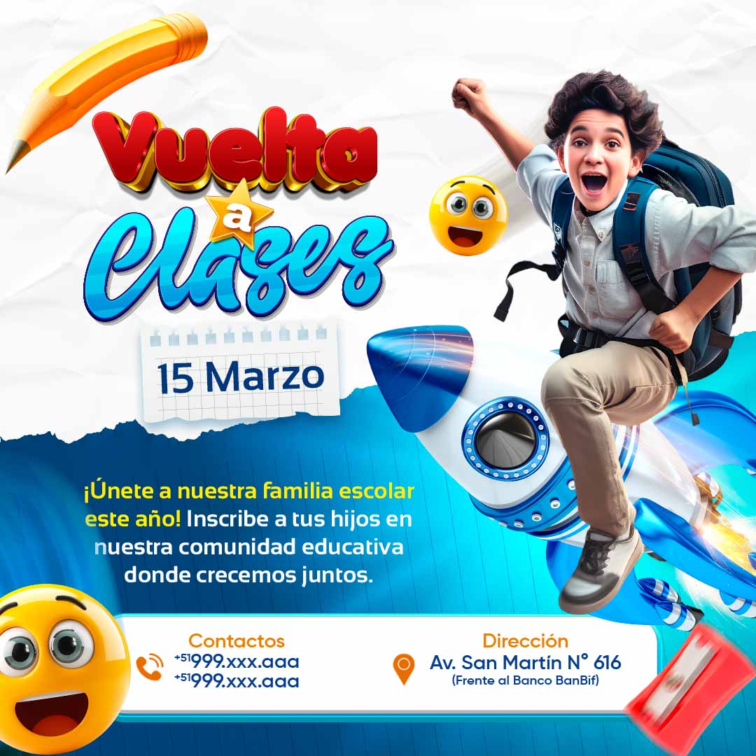 Plantilla inicio escolar cohete y niño