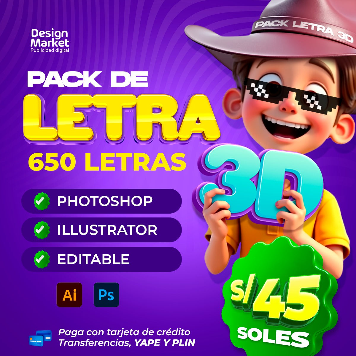 PACK DE LETRAS 3D - PHOTOSHOP PRO, ILLUSTRATOR - Design Market Perú