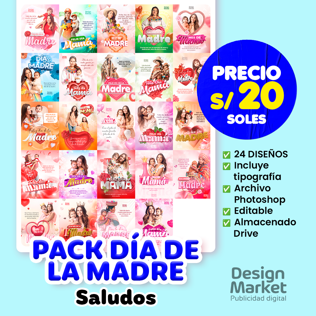 PACK 20 POST FLYER SOCIAL MEDIA DÍA DE LA MADRE - SALUDOS - Design Market Perú