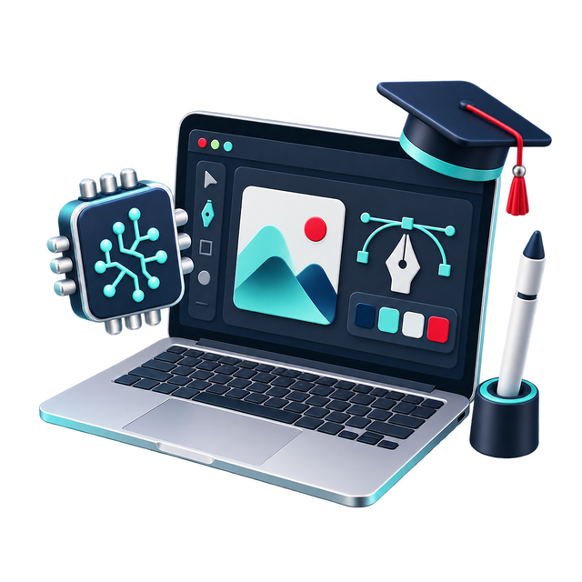 Icono 3D de capacitación y diseño con IA: laptop con herramientas creativas, chip de inteligencia artificial y birrete.