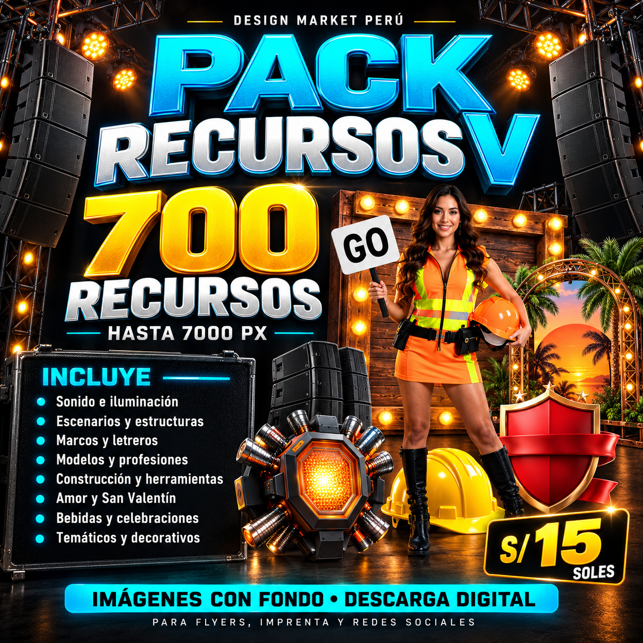 Pack Recursos V: 700 recursos profesionales de hasta 7000 px. Imágenes con fondo. Incluye sonido e iluminación, escenarios, marcos, modelos, construcción, San Valentín, bebidas y decoración.