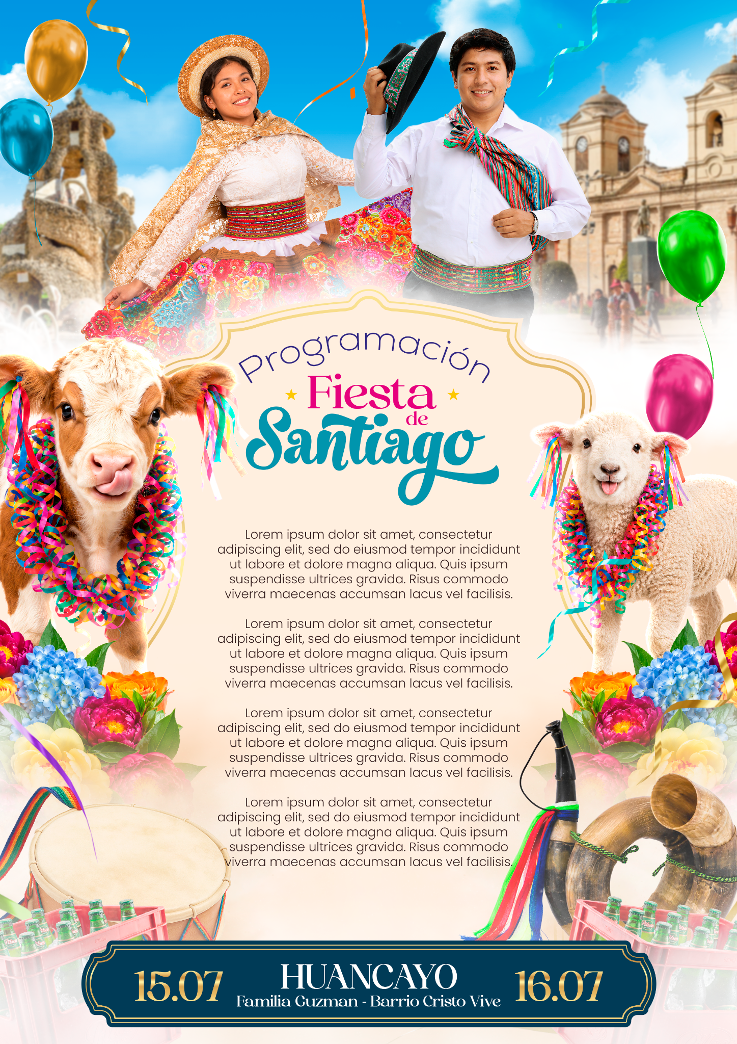 Plantilla de programación Fiesta de Santiago en Huancayo, editable en Photoshop, formato A4