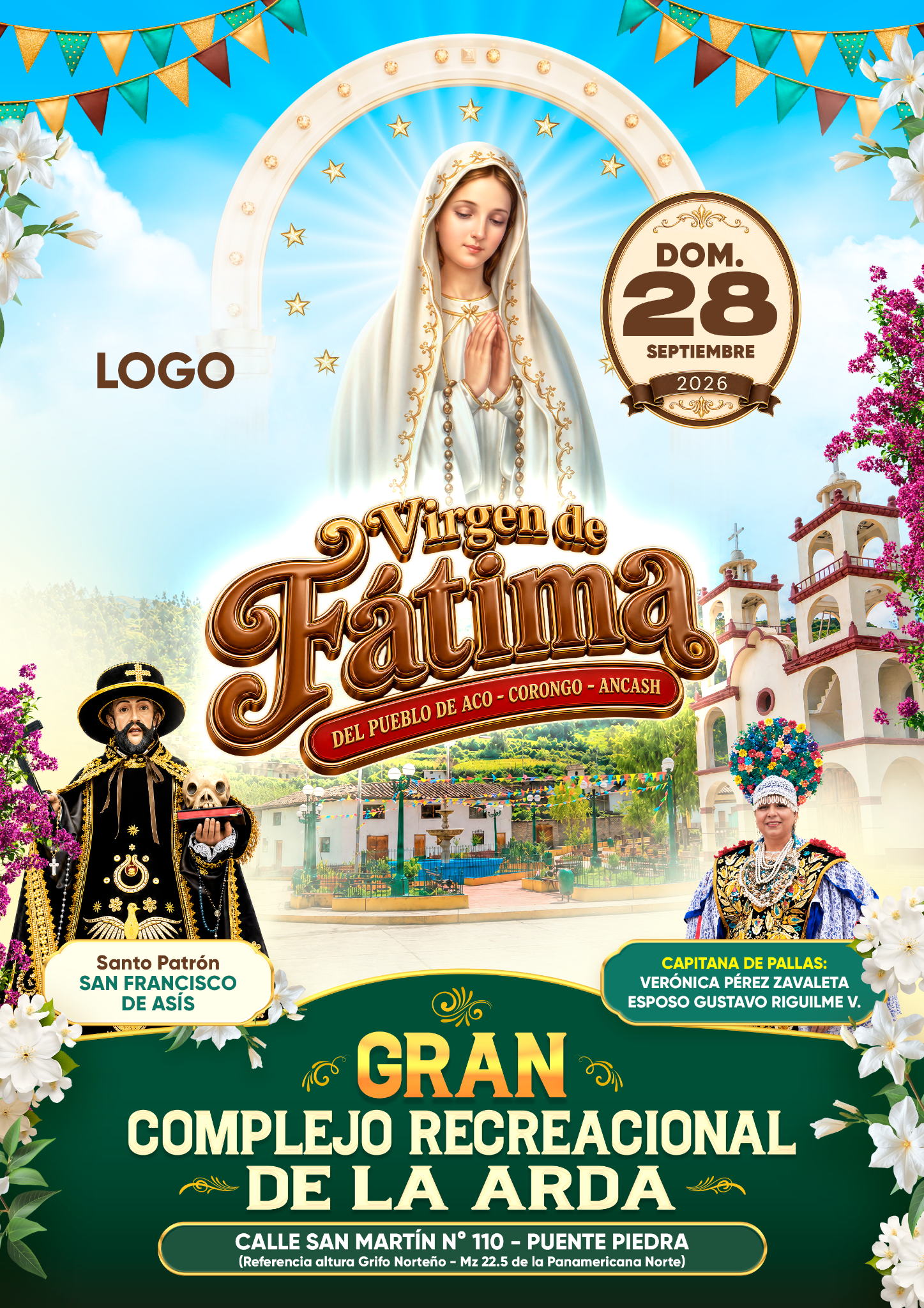 Portada de fiesta patronal Virgen de Fátima, plantilla A4 editable en Photoshop