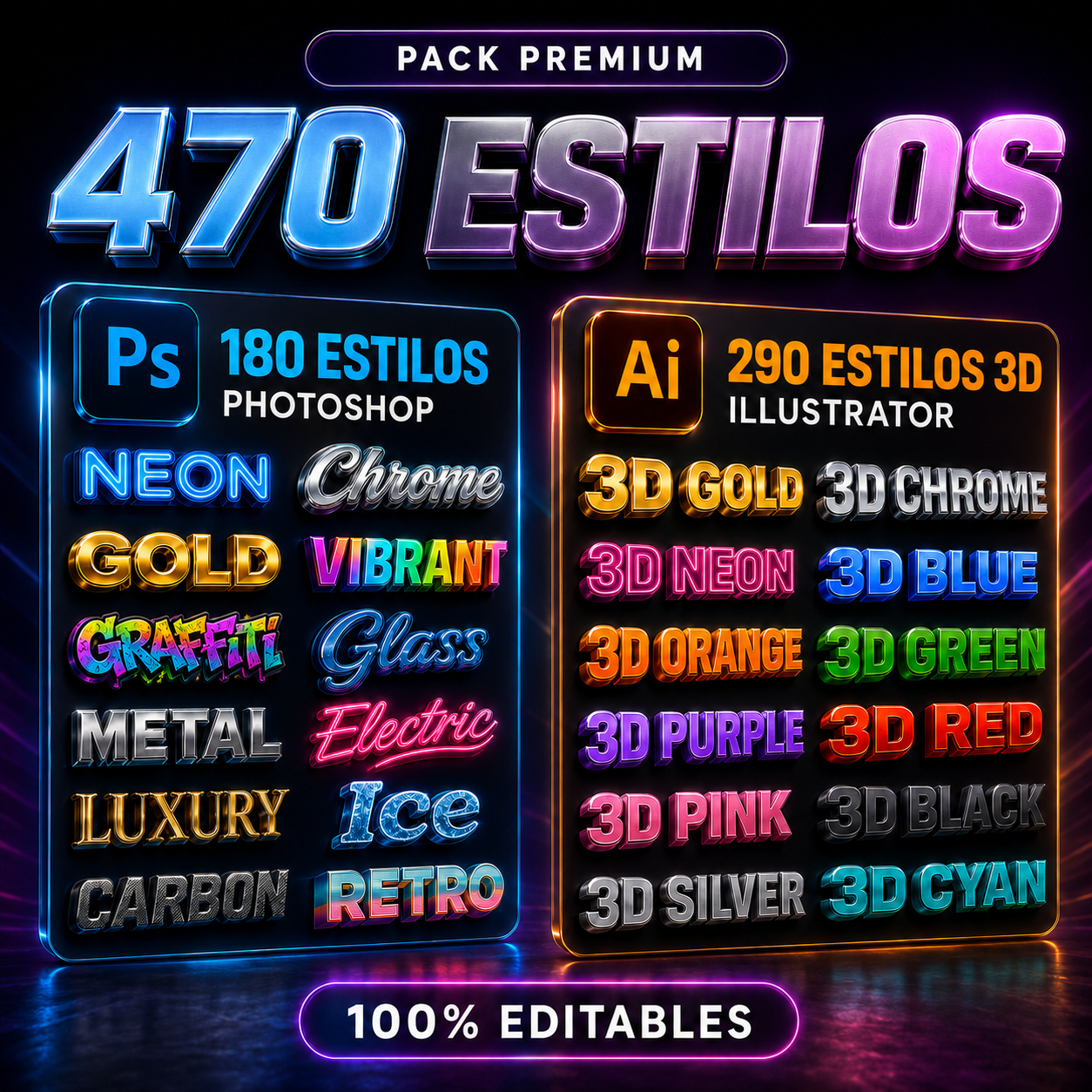 Pack premium de 470 estilos: 180 estilos Photoshop y 290 estilos 3D Illustrator